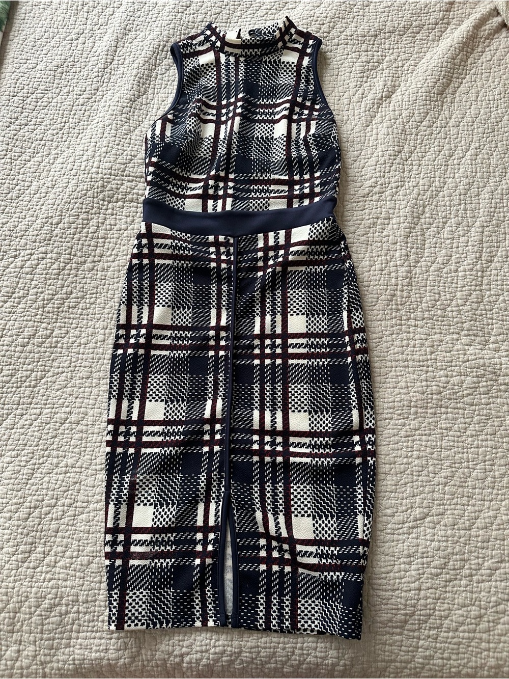 Plaid Sleeveless Sheath Dress in Navy, White & Burgundy